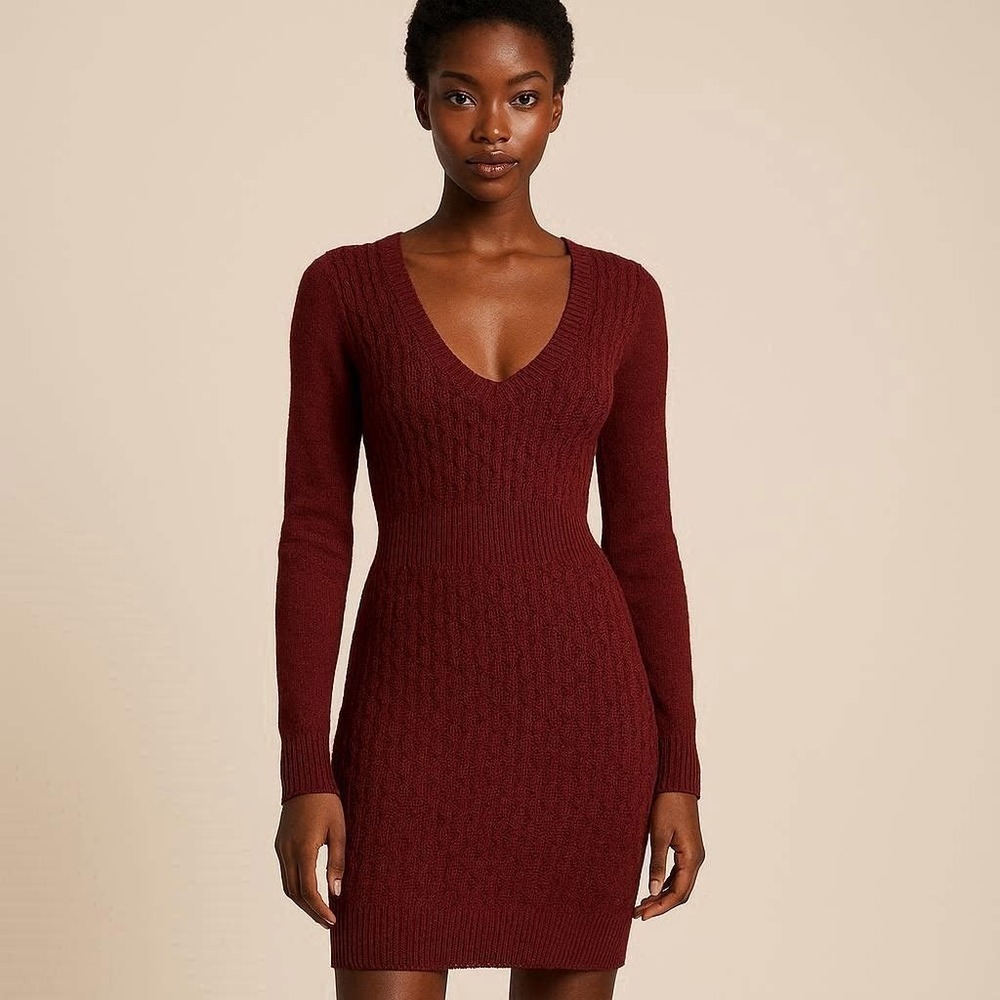 Valentine's Day Guess Cable-knit Bodycon Sweater Dress Burgundy L Vampy